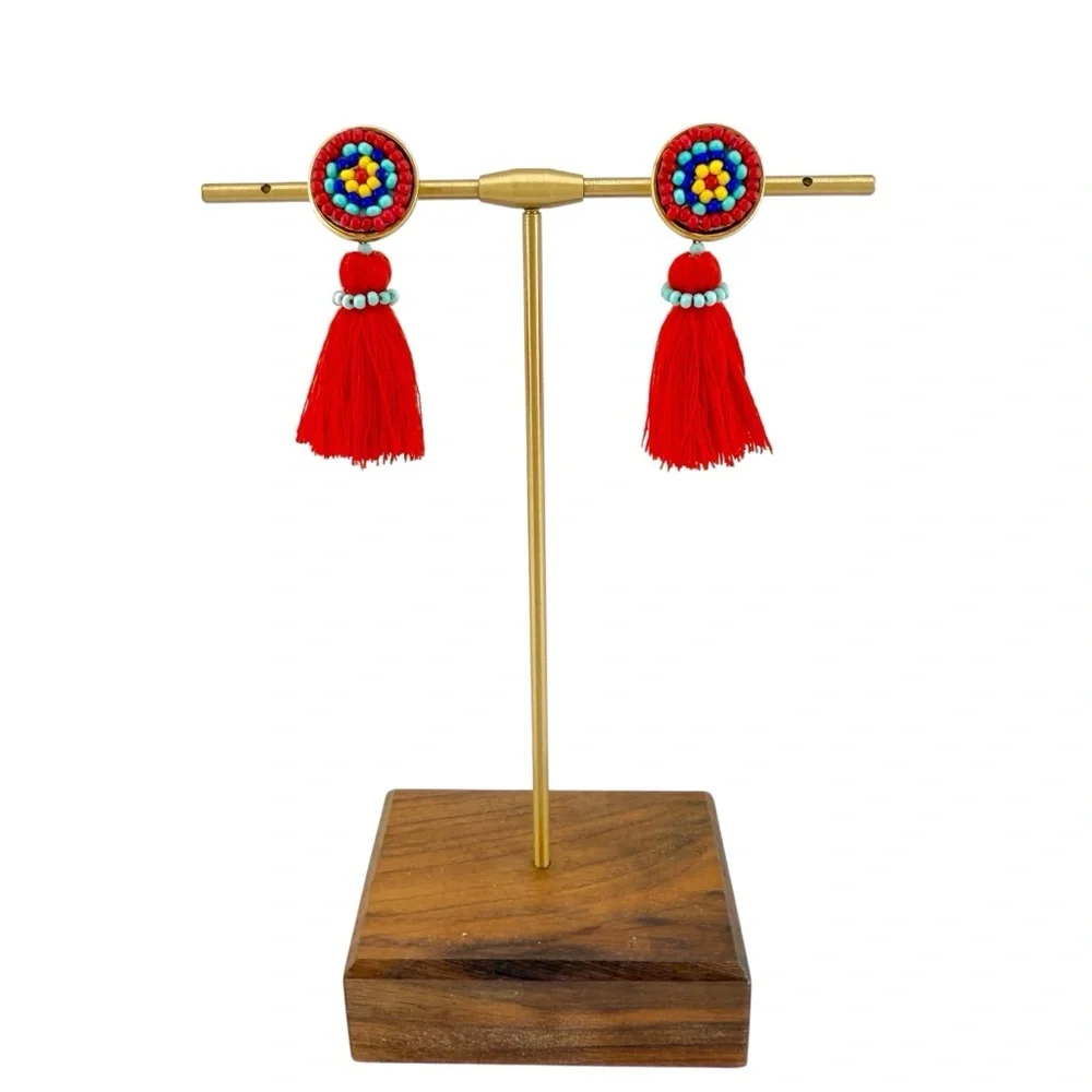 J. Crew Multicolor Beaded Red Tassel Earrings